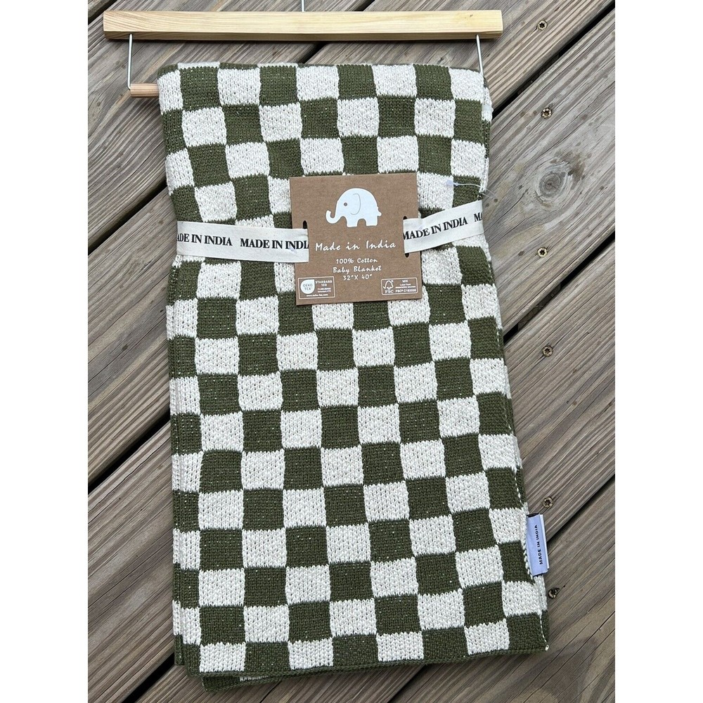 New Made In India Baby Throw Blanket Cotton Knit Off White Green Checkered Print